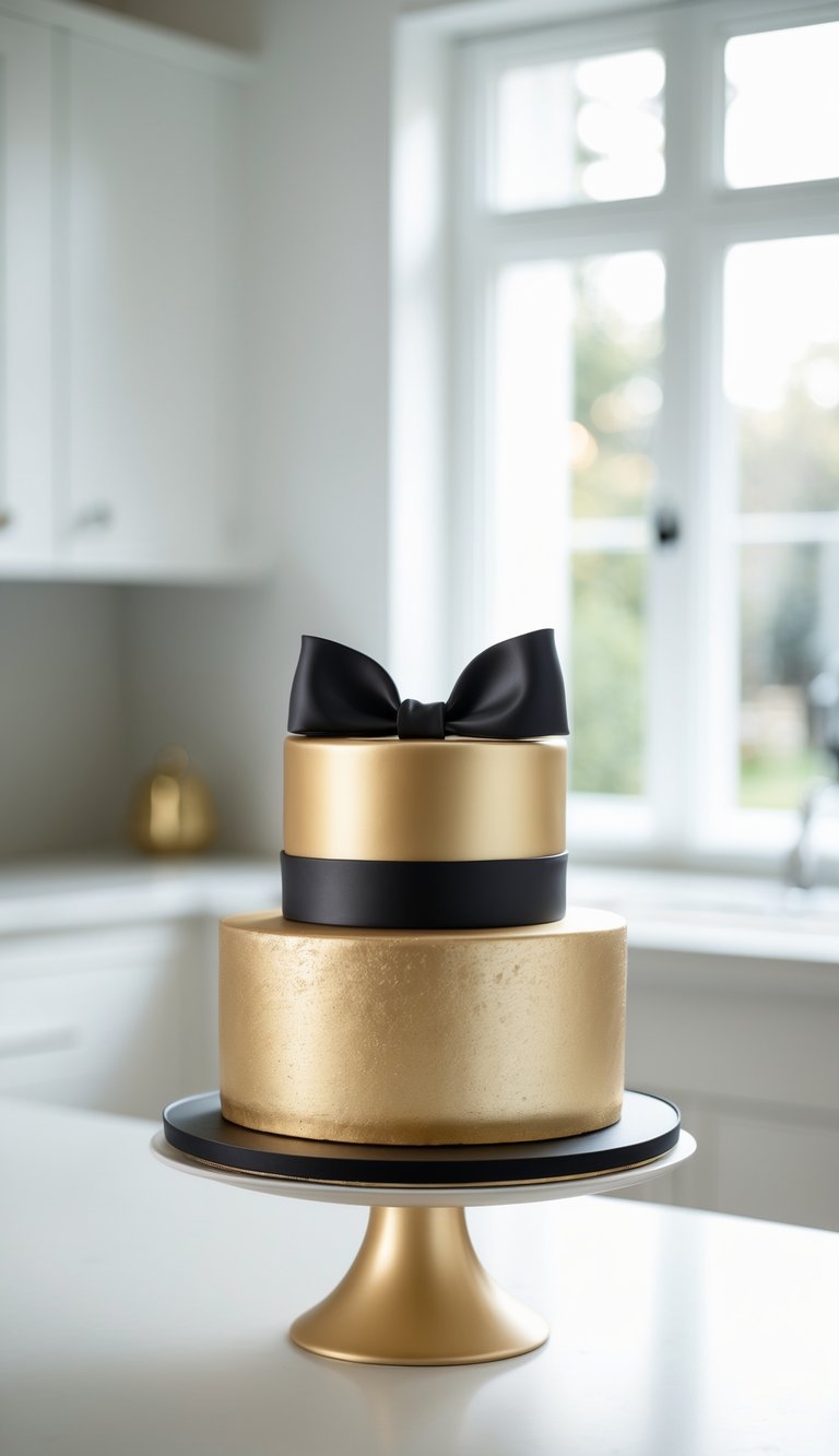 A two-tier gold cake with a black fondant bow on a cake stand in a bright home kitchen.