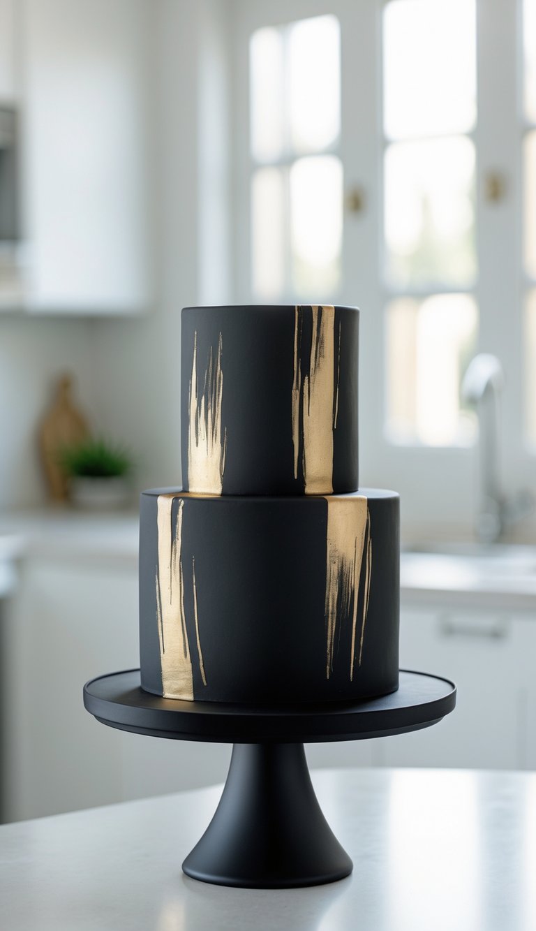 A two-tier black cake with gold brushwork sits on a cake stand on a clean surface in a bright home kitchen.