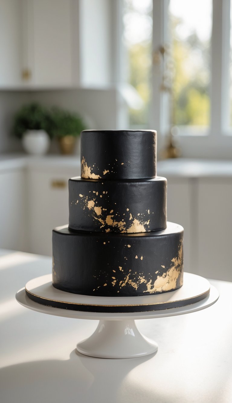 Two-tier black cake with gold leaf splatter on a white cake stand in a bright home kitchen.