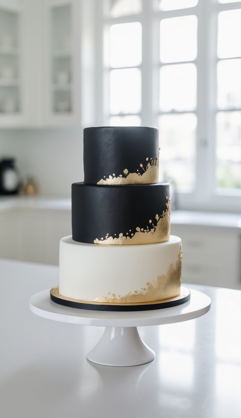 A black and gold decorated cake on a white cake stand in a bright home kitchen with natural light.