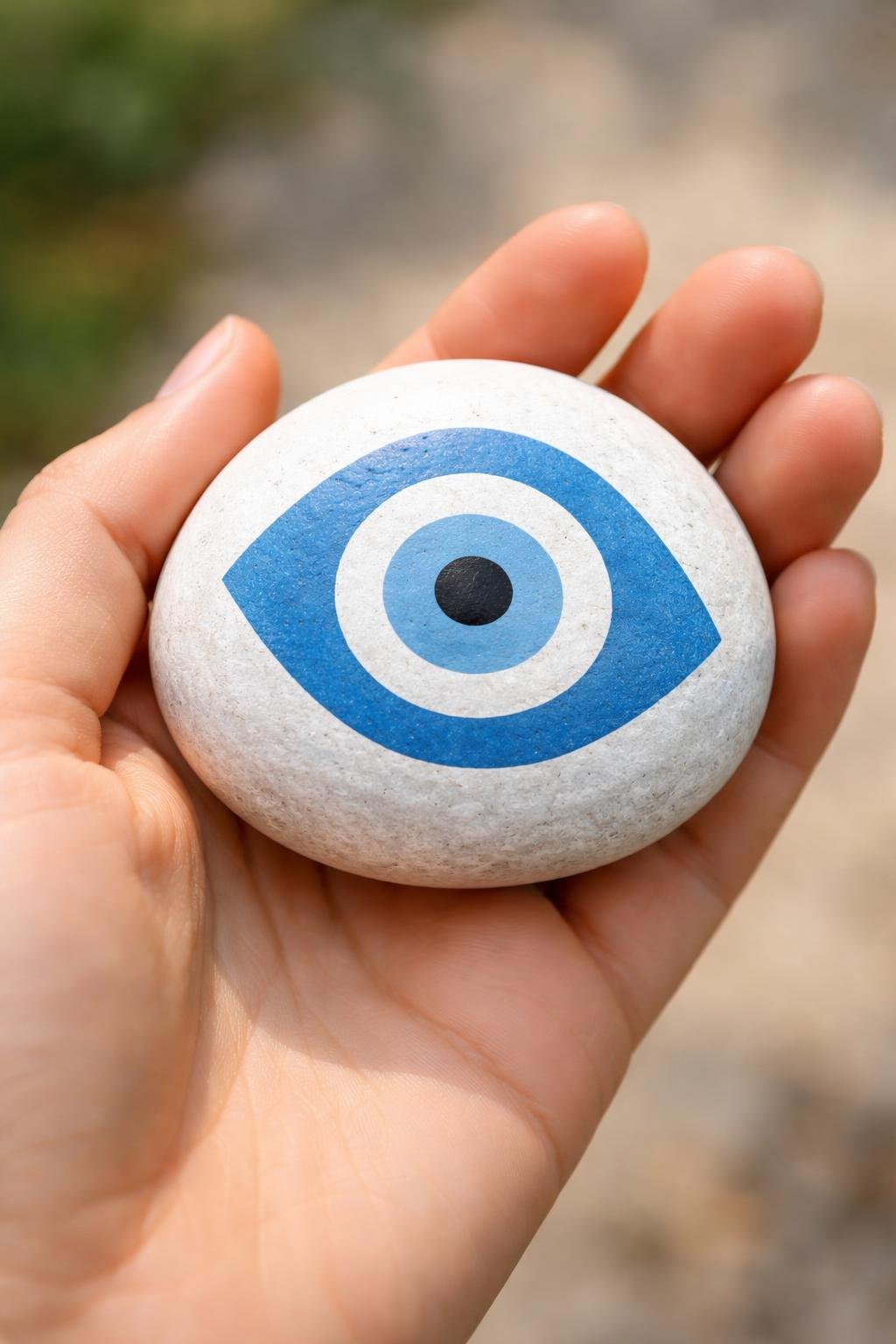 A hand holding a smooth river rock painted with a blue evil eye design on a white background.