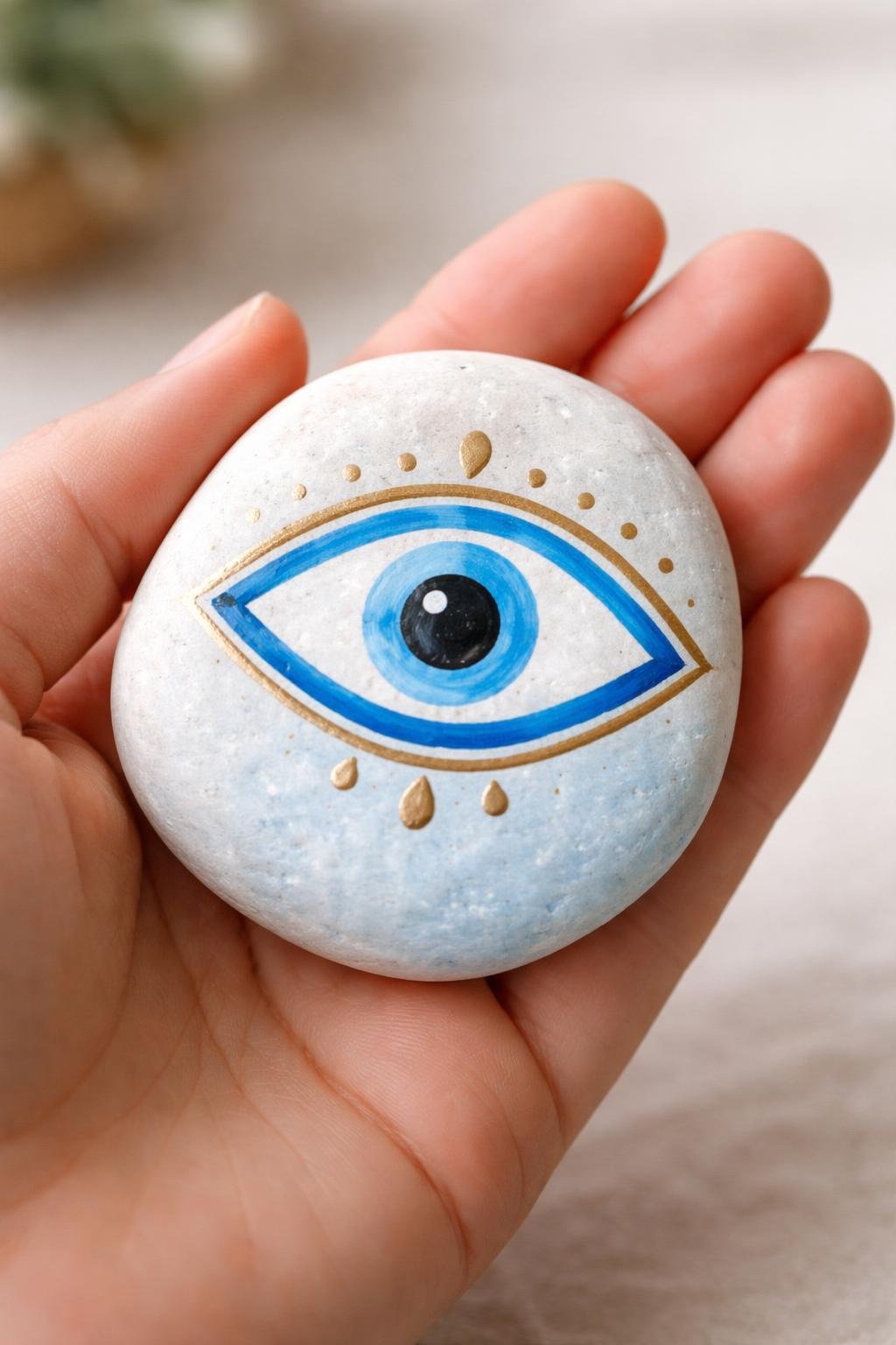 A hand holding a smooth river rock painted with a simple evil eye design with blue and gold colors.
