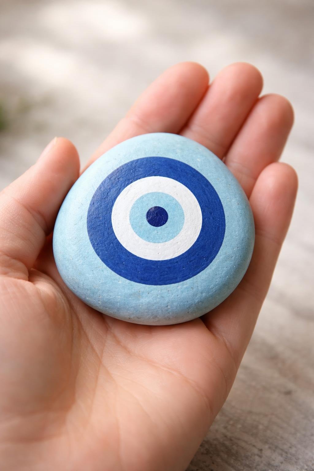 A hand holding a smooth river rock painted with a simple evil eye design.