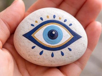 A hand holds a smooth white stone painted with a blue and gold eye design, resembling the evil eye symbol. The background is softly blurred.