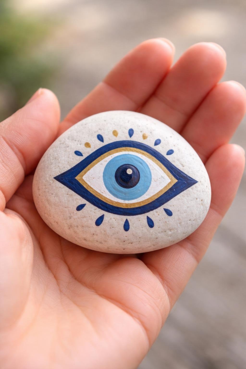 A hand holding a smooth river rock painted with a simple evil eye design.