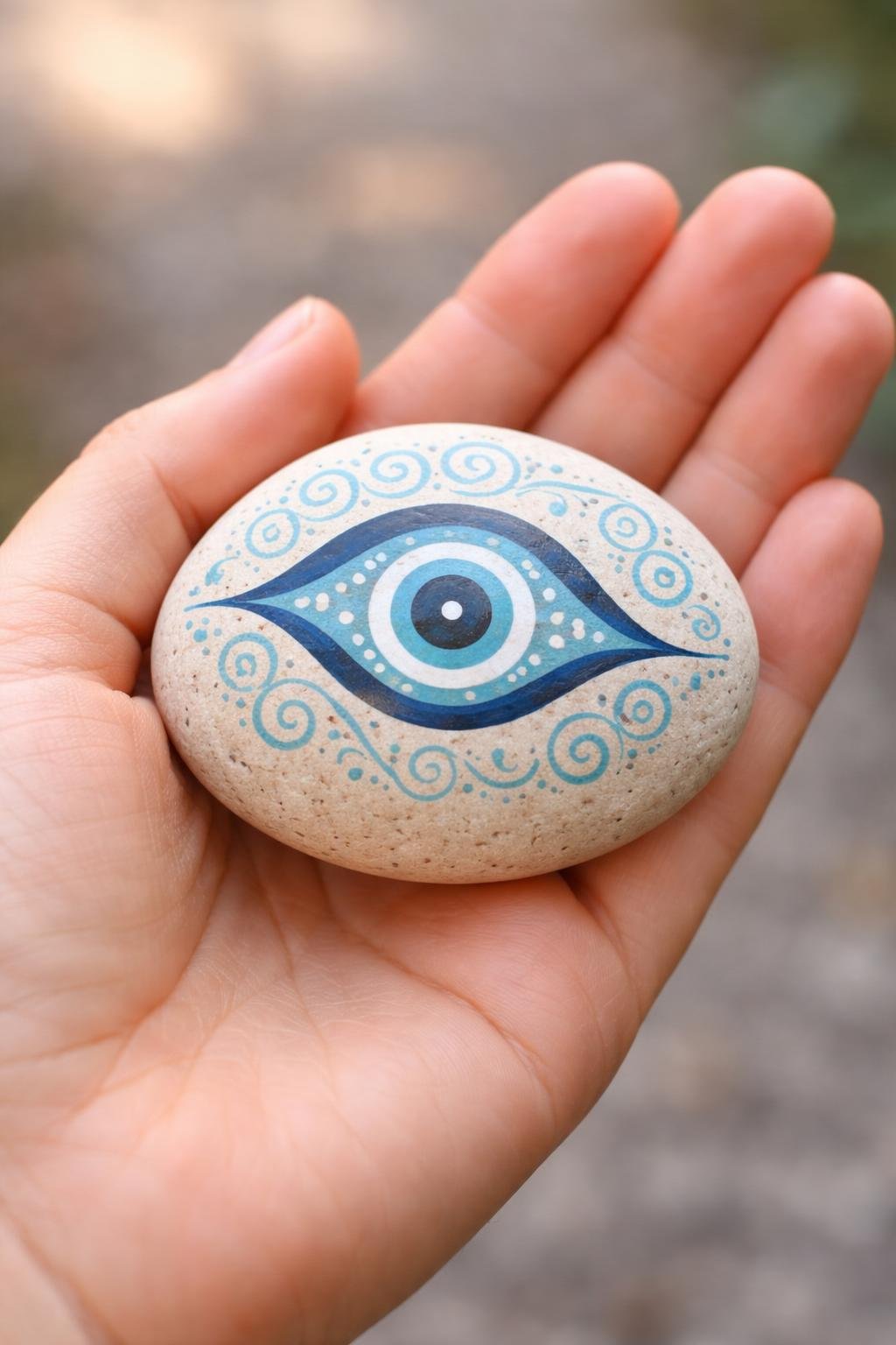 A hand holding a smooth river rock painted with an evil eye design.