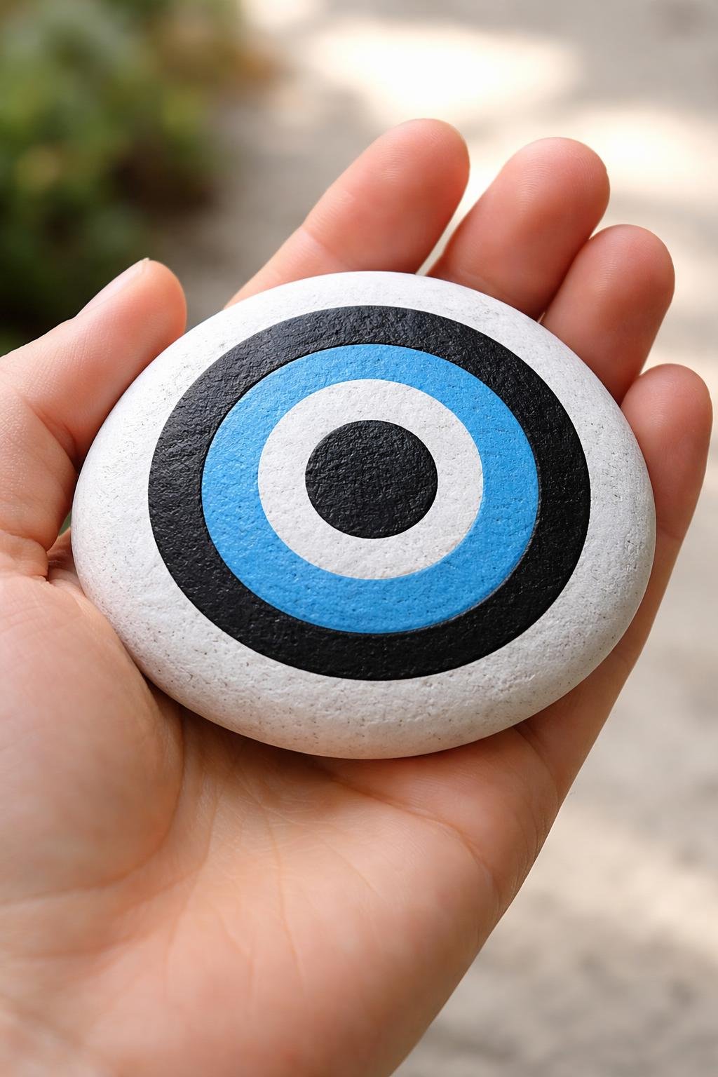 A hand holding a smooth river rock painted with a simple black and blue evil eye design.