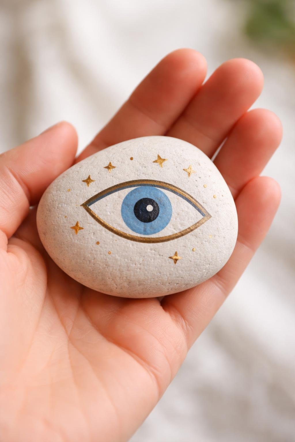A hand holding a smooth river rock painted with an evil eye and stars.