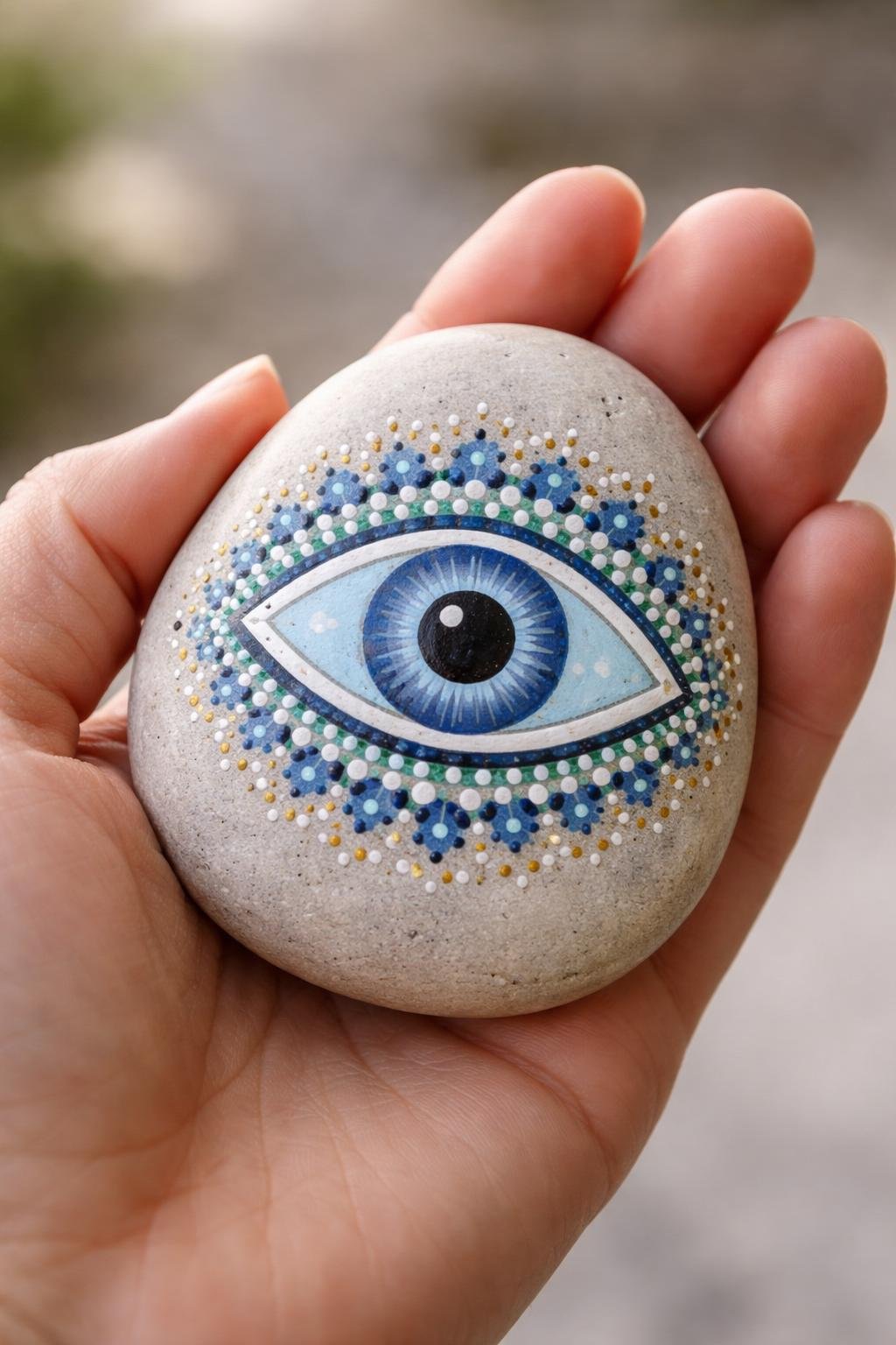 A hand holding a smooth river rock painted with a simple evil eye design.