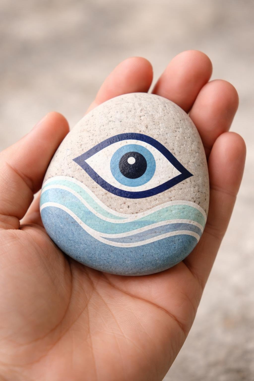 A hand holding a smooth river rock painted with an evil eye and wave design.