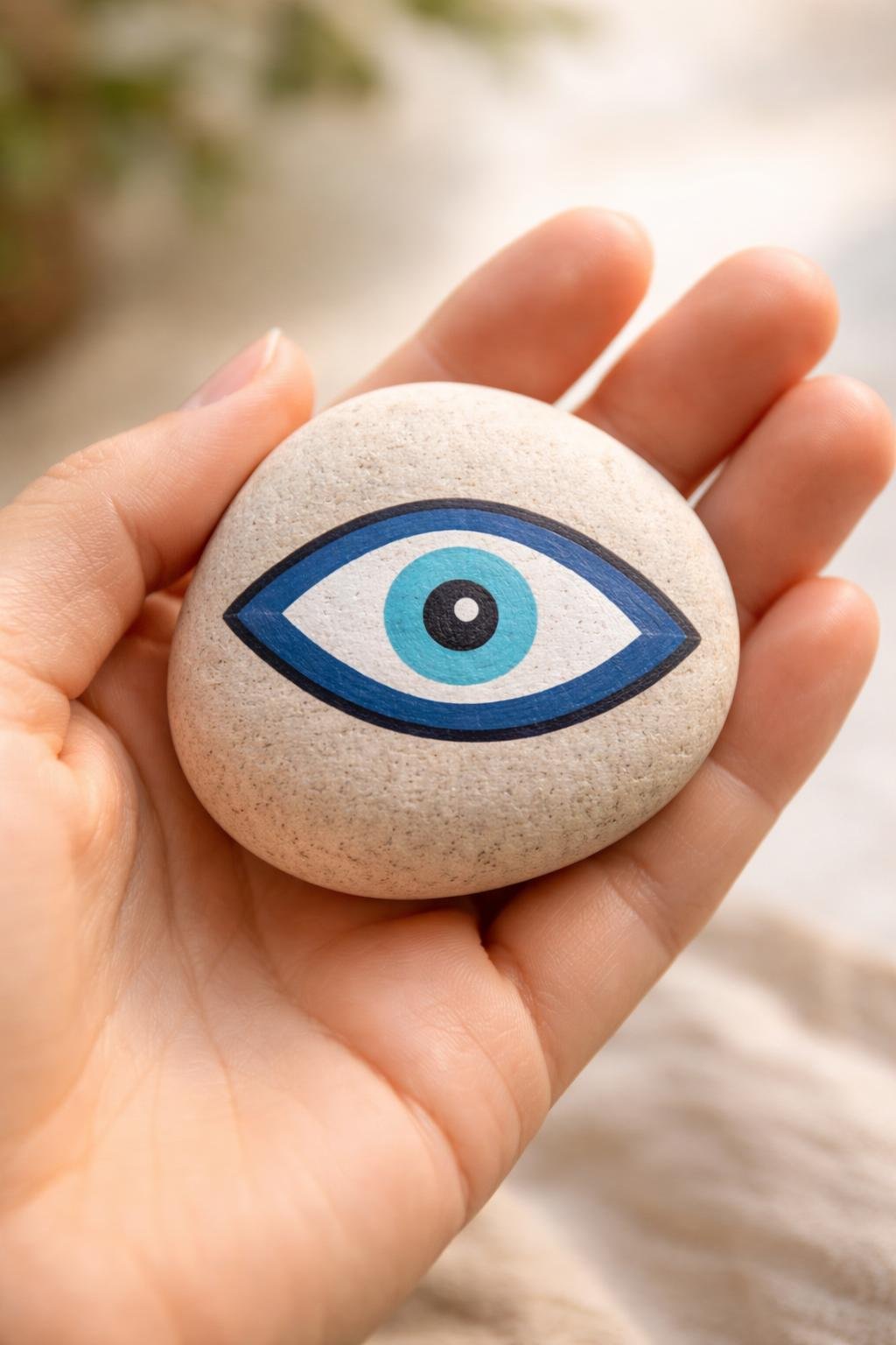 A hand holding a smooth river rock painted with a simple evil eye design.