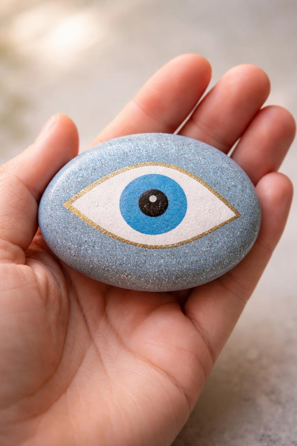 A hand holding a smooth painted rock with a simple evil eye design.