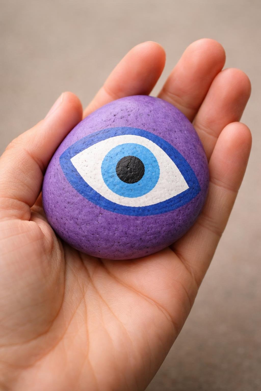 A hand holding a smooth river rock painted with a simple evil eye design on a purple background.