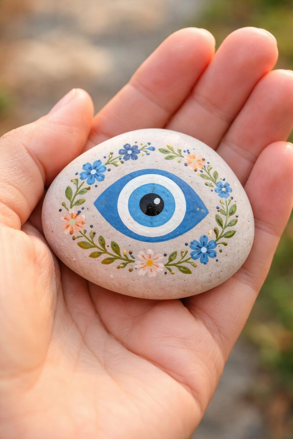 A hand holding a smooth river rock painted with an evil eye design and a floral border.