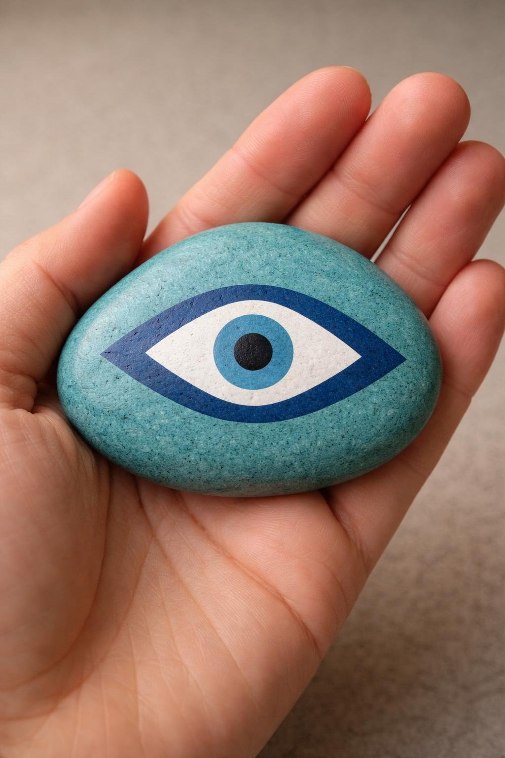A hand holding a smooth river rock painted with a simple evil eye design on a turquoise background.