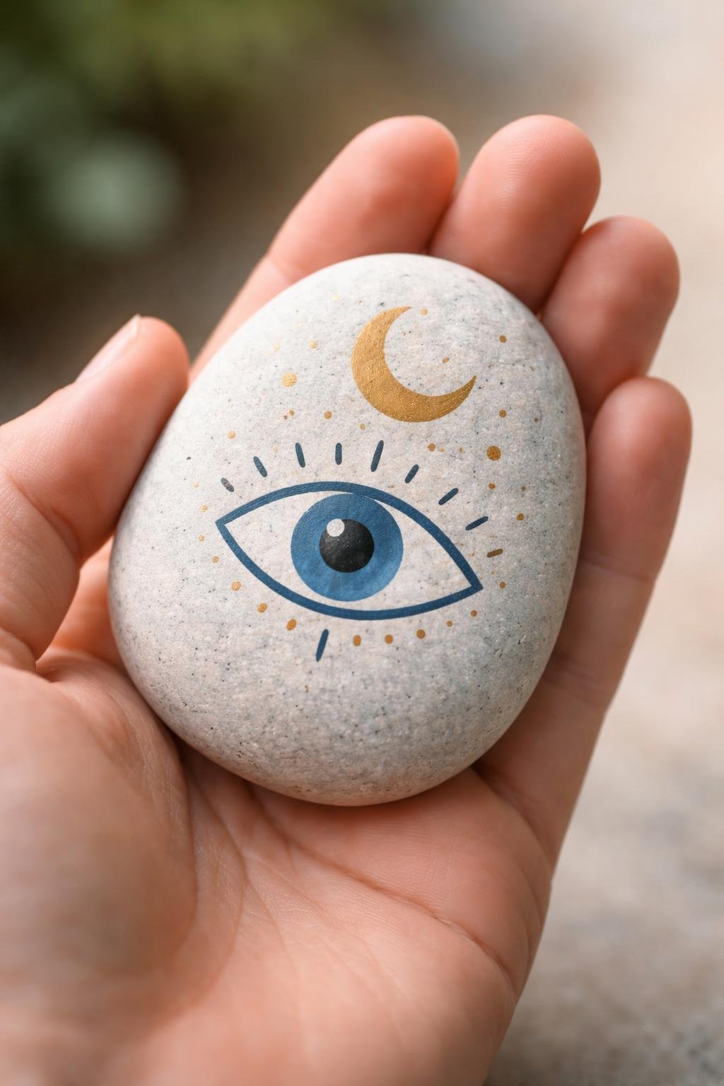 A hand holding a smooth river rock painted with a simple evil eye and crescent moon design.