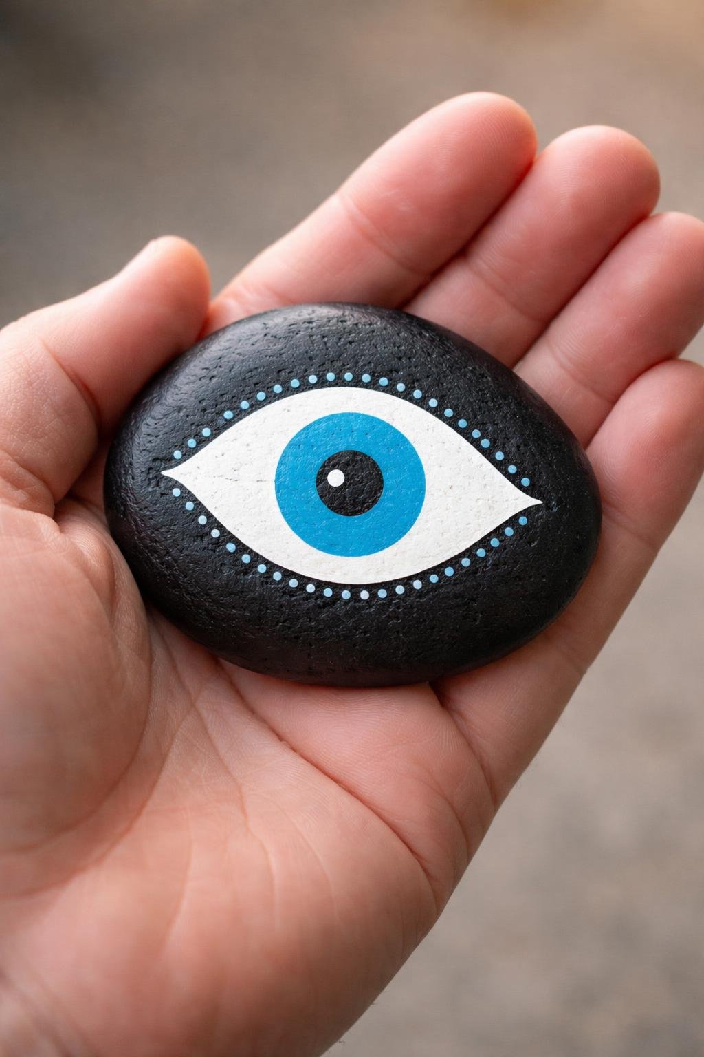 A hand holding a smooth black rock painted with a simple evil eye design.