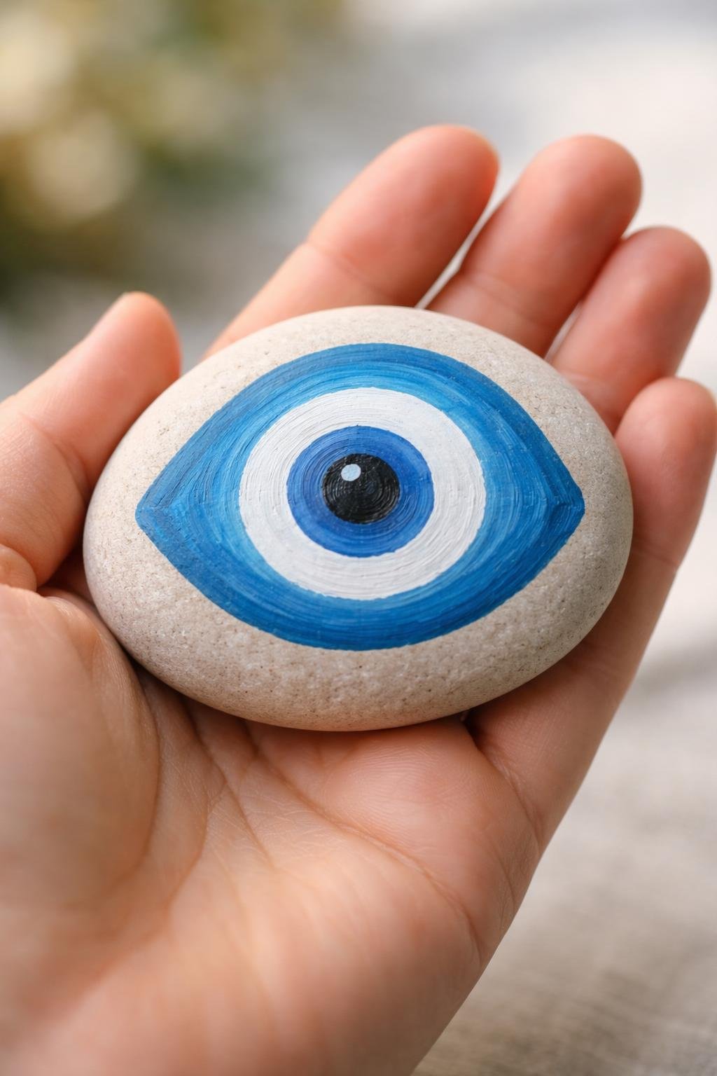 A hand holding a smooth river rock painted with a simple evil eye design.