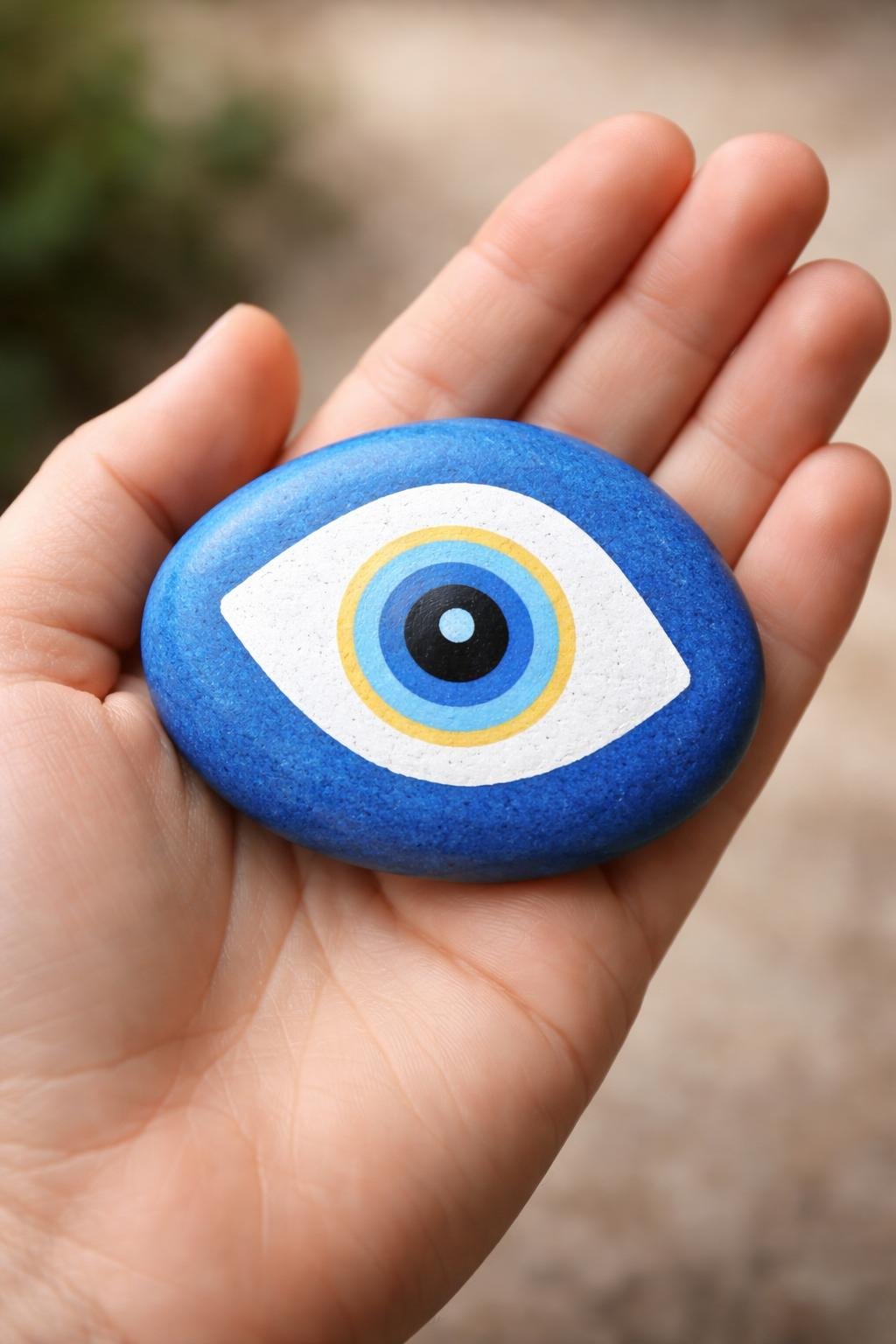 A hand holding a smooth river rock painted with an evil eye design.