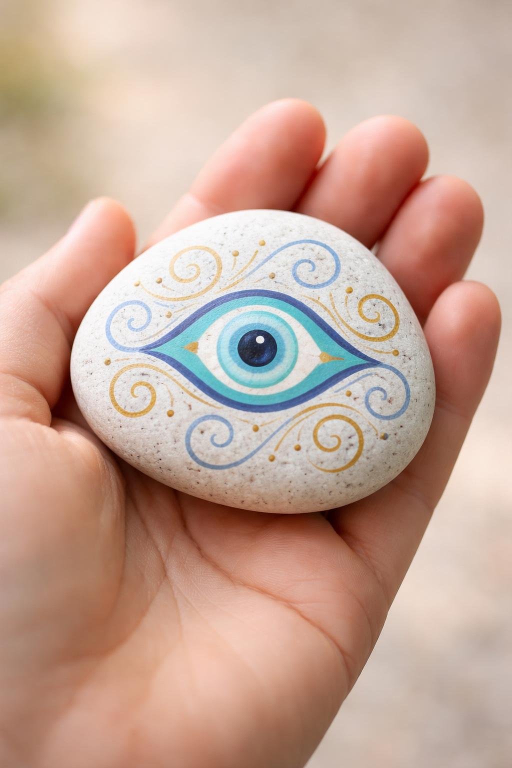 A hand holding a smooth river rock painted with a simple evil eye design featuring spirals.