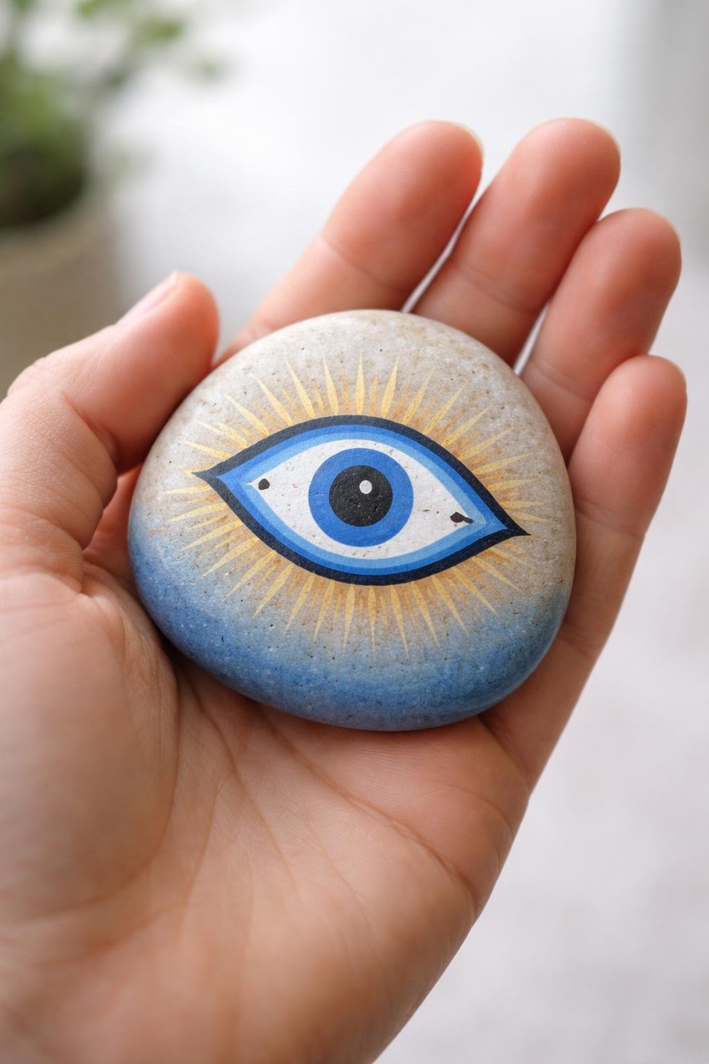A hand holding a smooth painted rock with an evil eye and sunburst design.