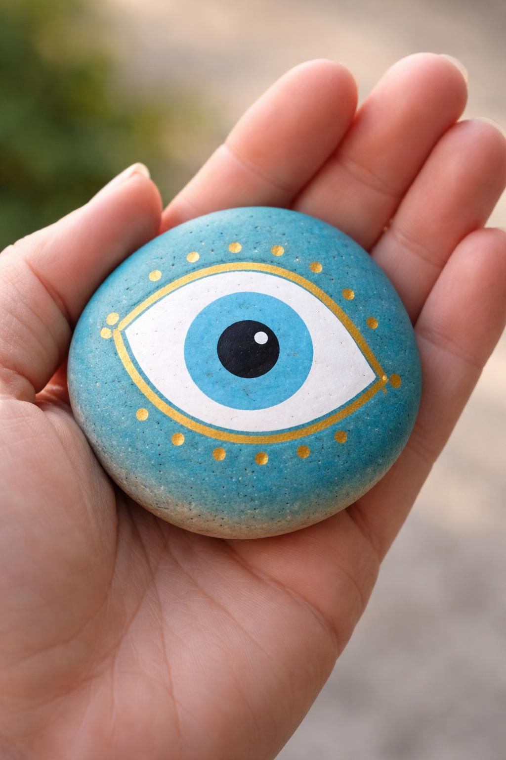 A hand holding a smooth river rock painted with a simple evil eye design.