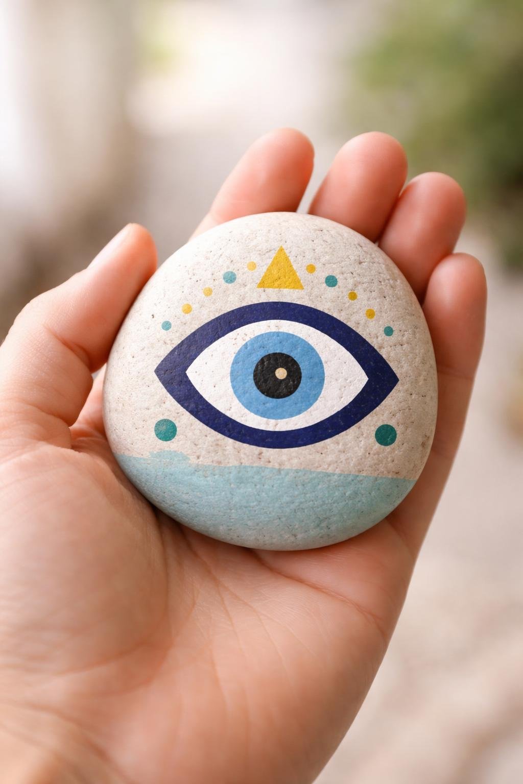 A hand holding a smooth river rock painted with a simple evil eye design and geometric shapes.