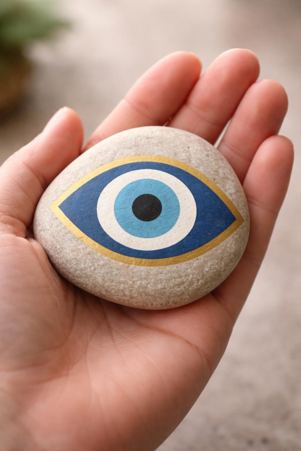 A hand holding a smooth river rock painted with a simple evil eye design.