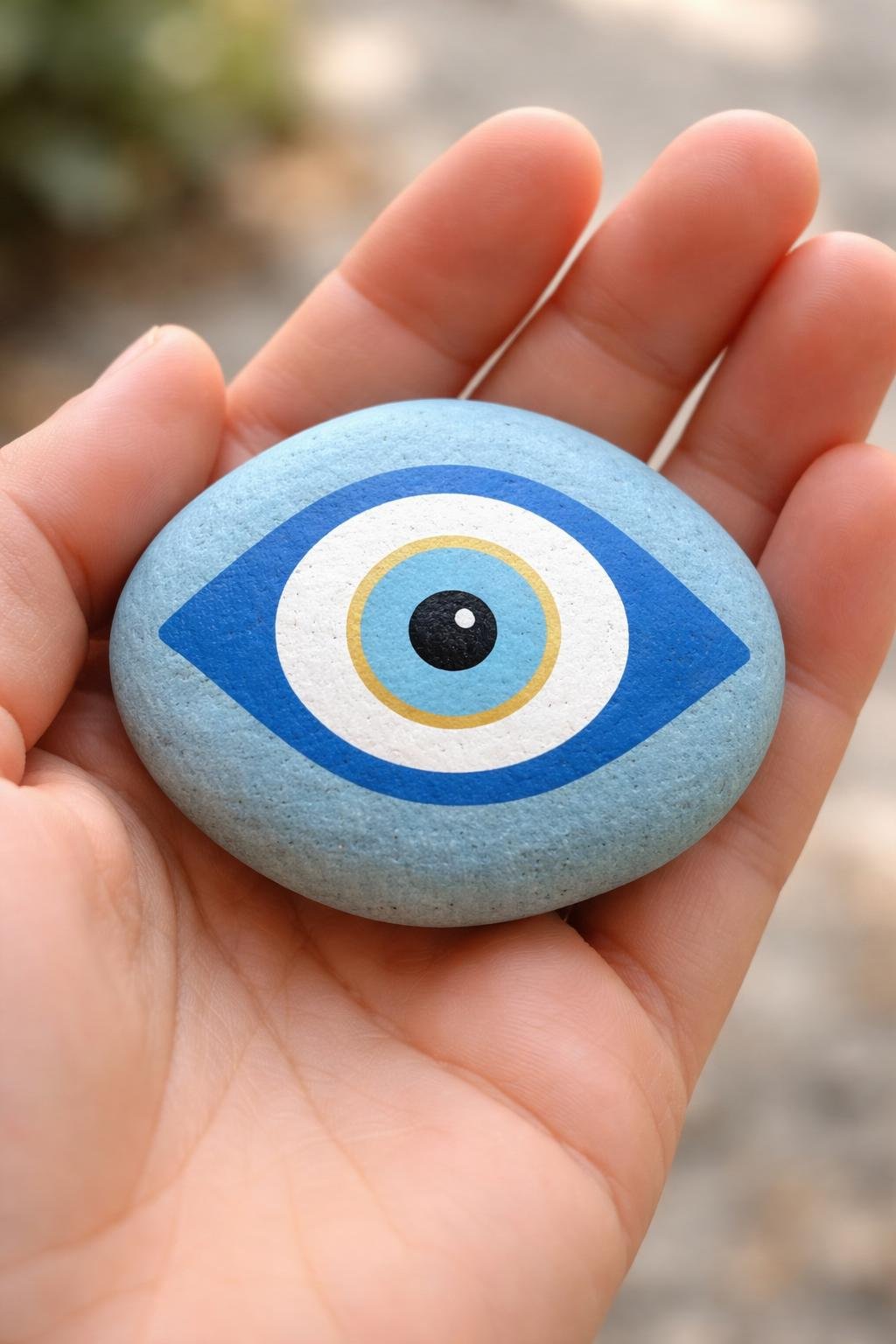 A hand holding a smooth river rock painted with a simple evil eye design.