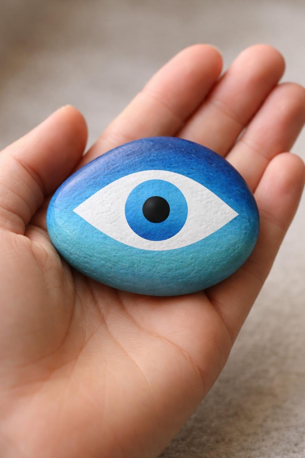 A hand holding a smooth river rock painted with a simple blue evil eye design.