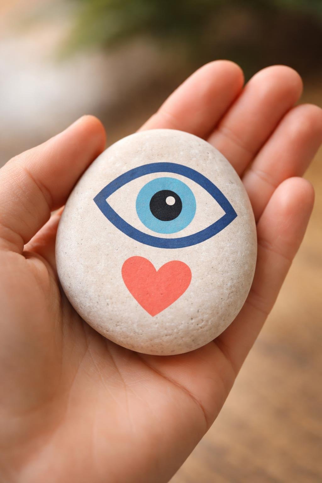 A hand holding a smooth river rock painted with a simple evil eye and heart design.