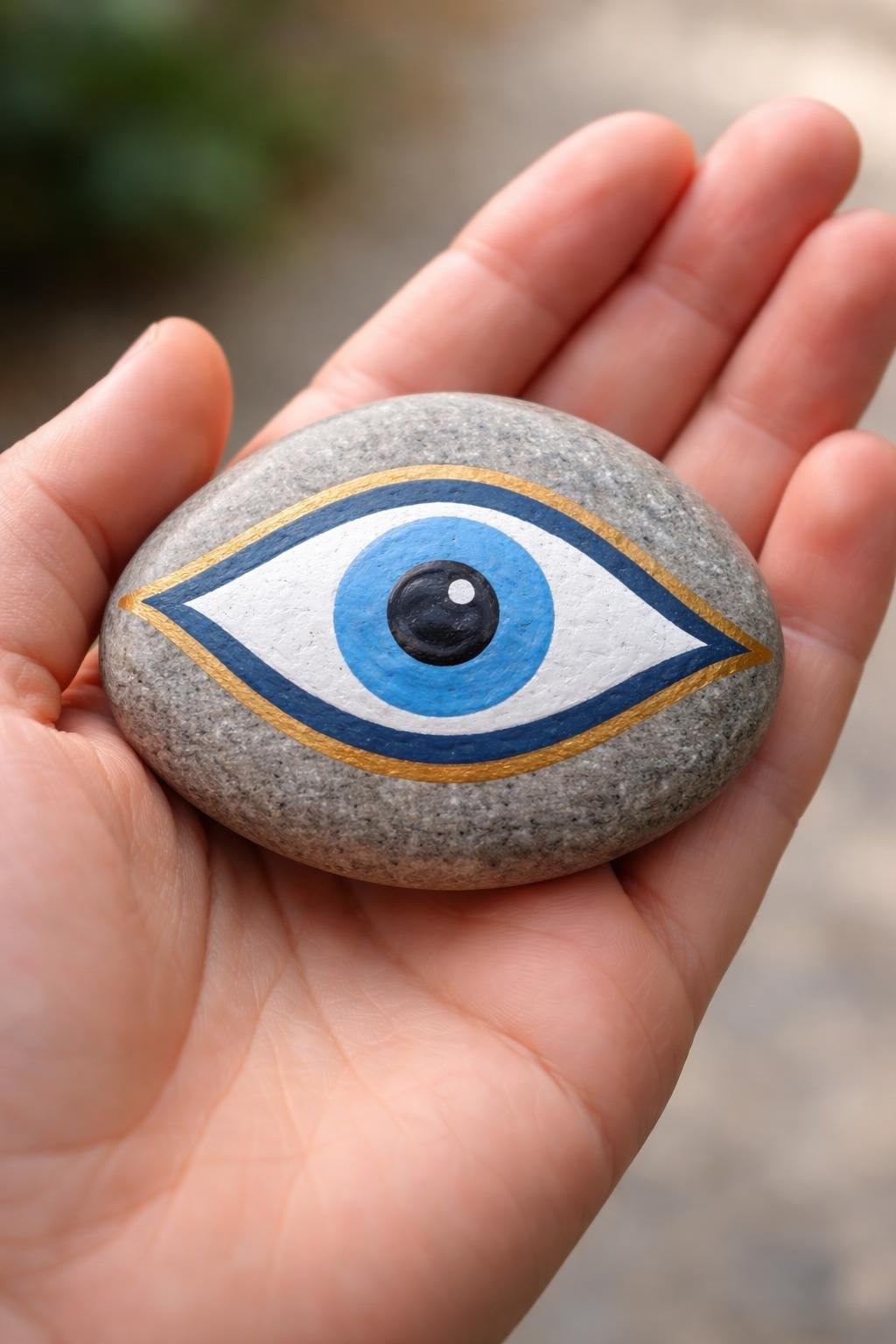 A hand holding a smooth river rock painted with a simple evil eye design.