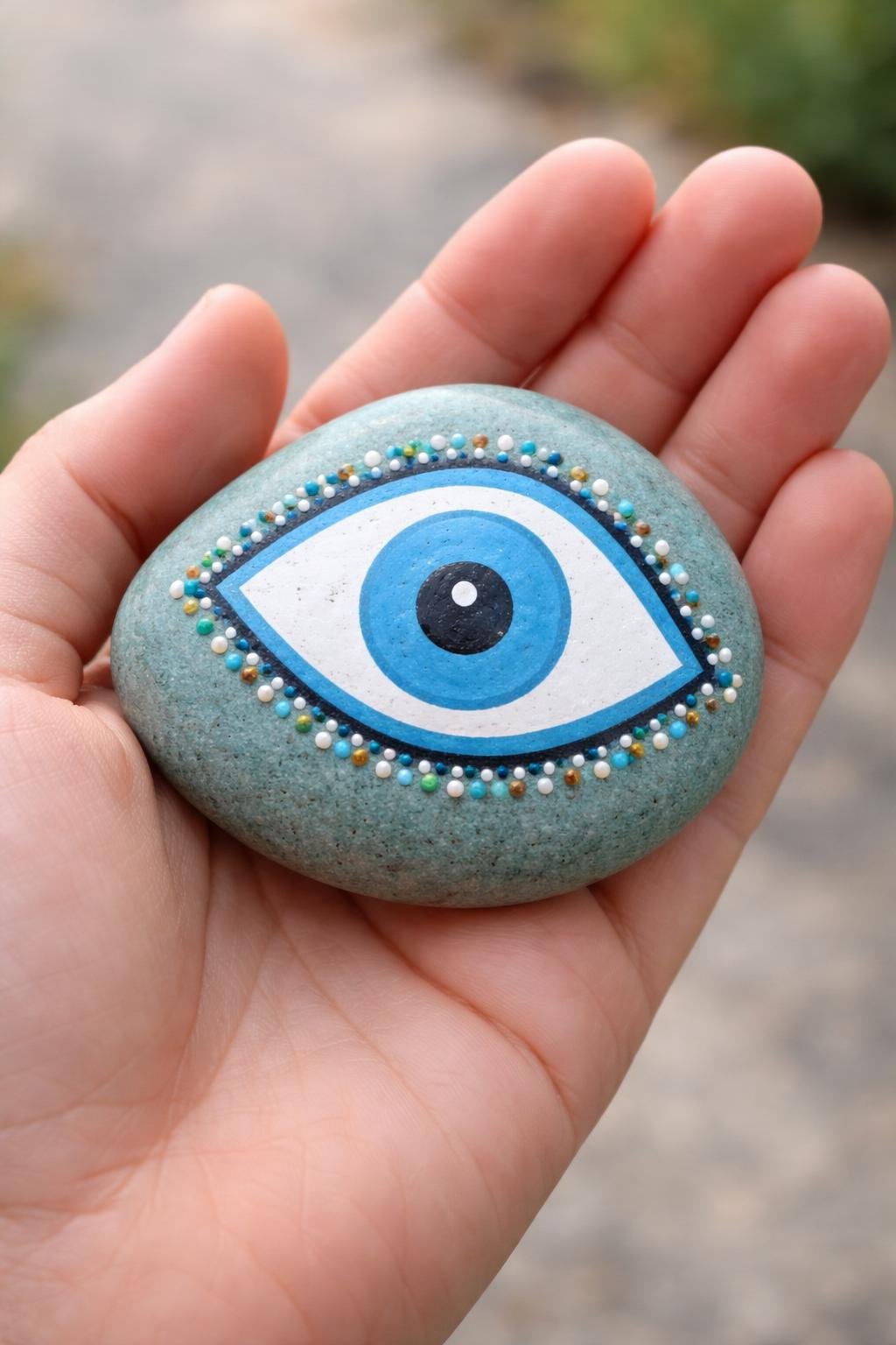 A hand holding a smooth river rock painted with an evil eye design and tiny beads.
