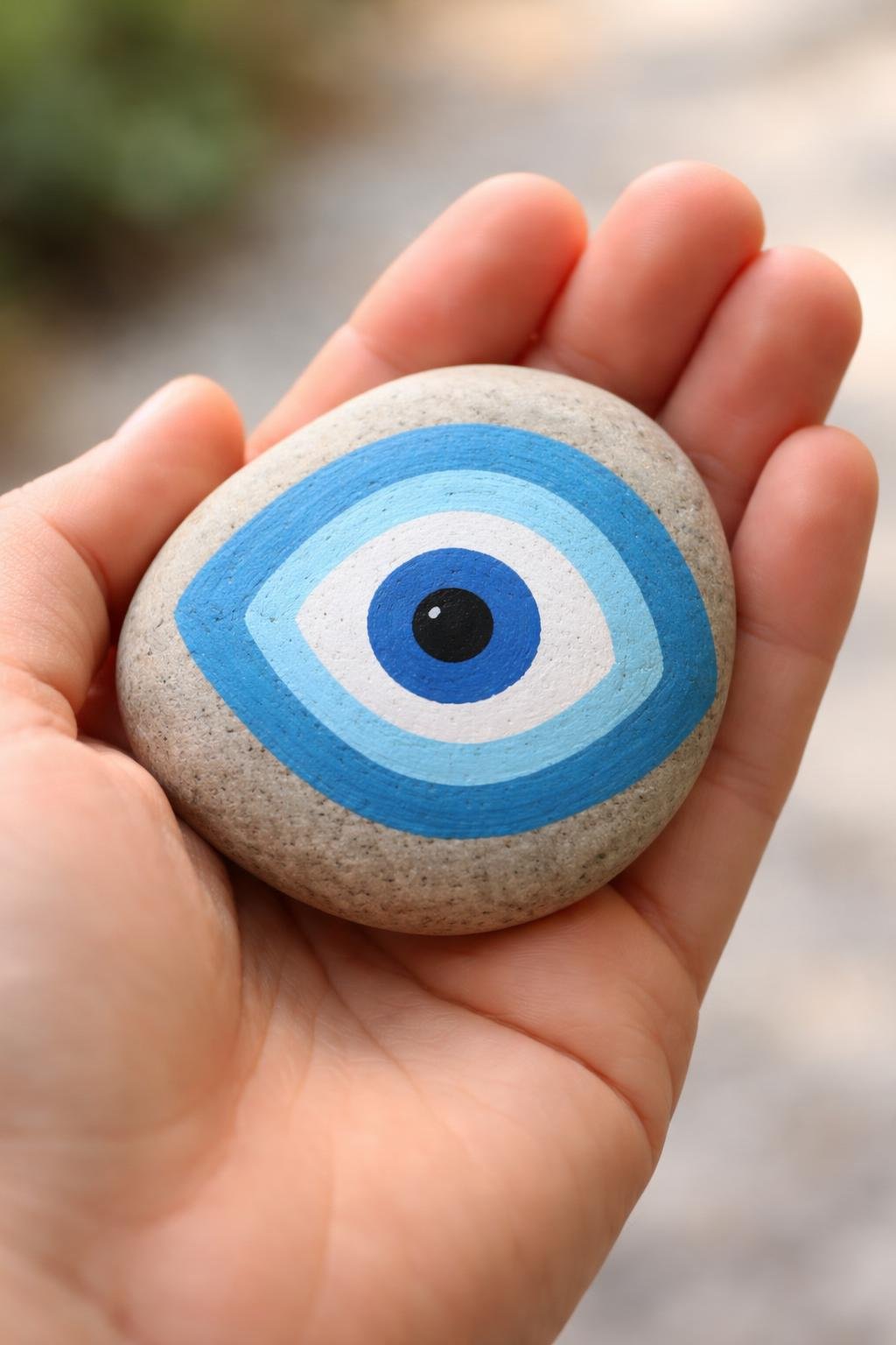 A hand holding a smooth river rock painted with an evil eye design.