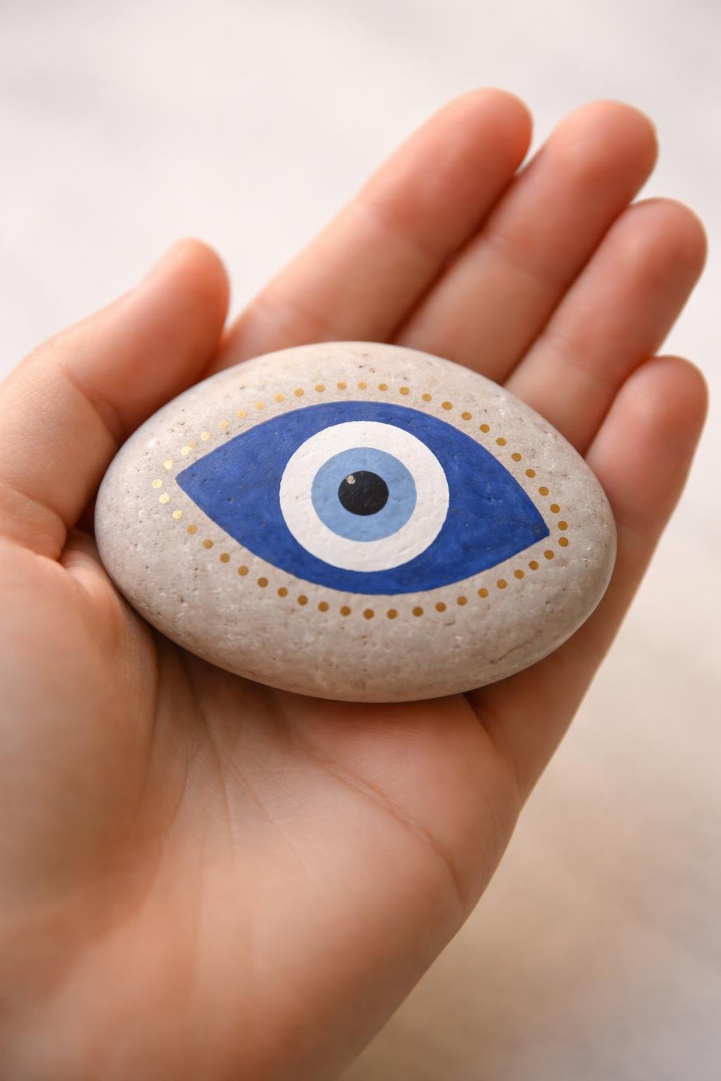 A hand holding a smooth river rock painted with an evil eye design and small gold dots.