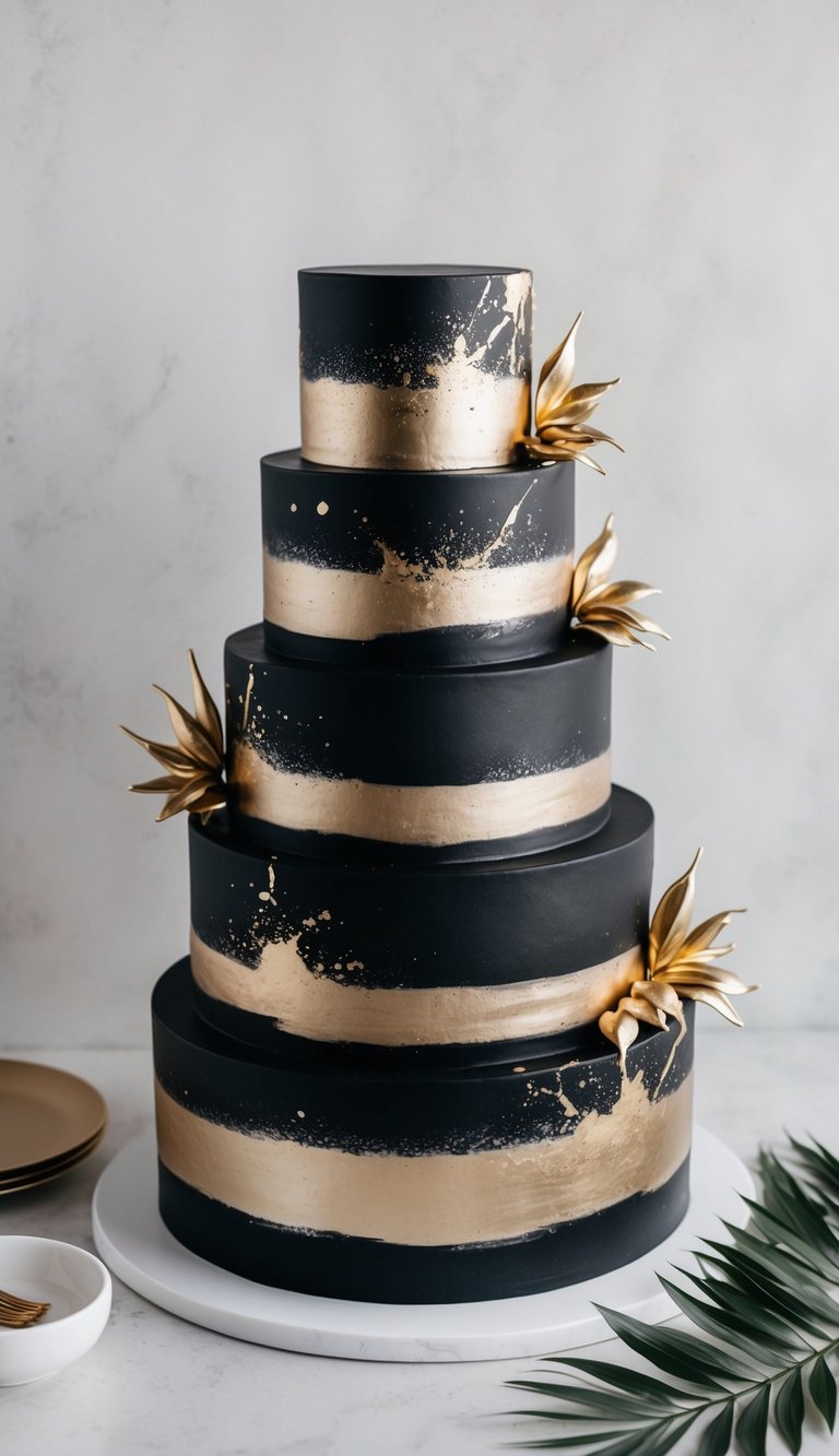 A sleek black and gold cake adorned with splashes of gold, exuding a luxurious and elegant vibe