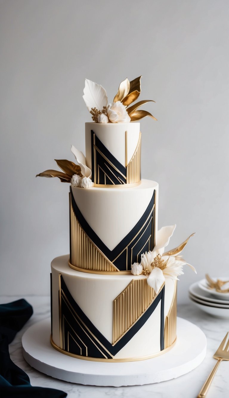 A luxurious and elegant cake adorned with geometric black and gold designs, exuding a sense of opulence and sophistication