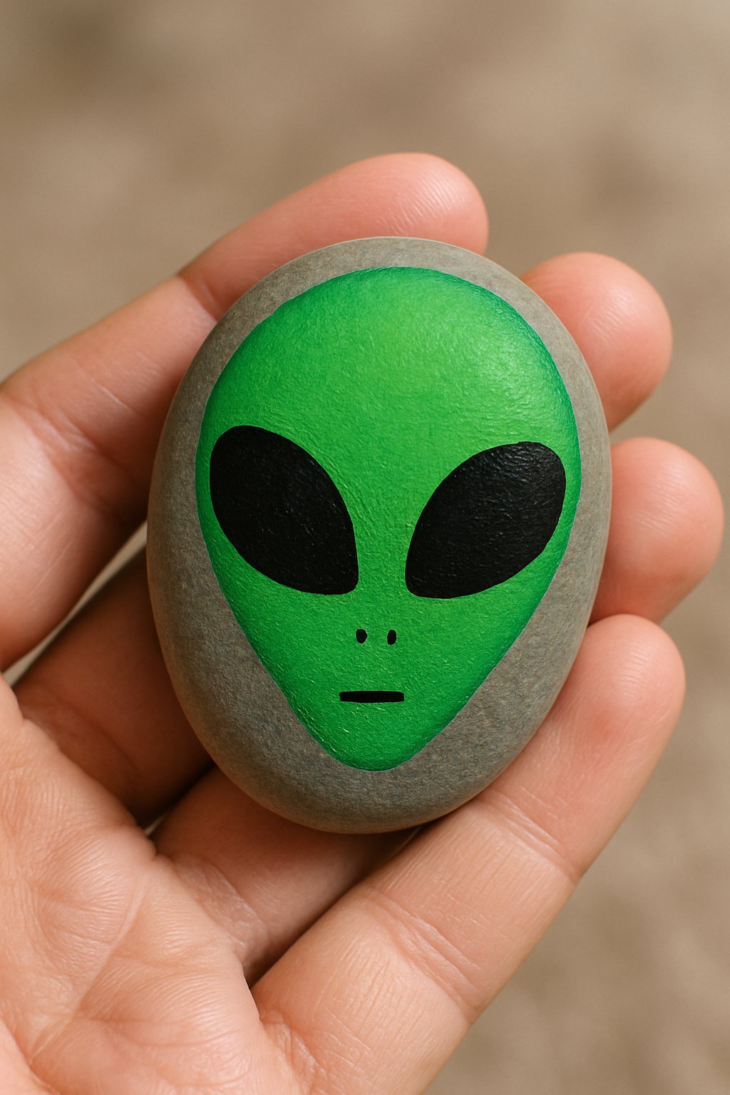 A hand holding a smooth river rock painted with a green alien face with big black eyes.