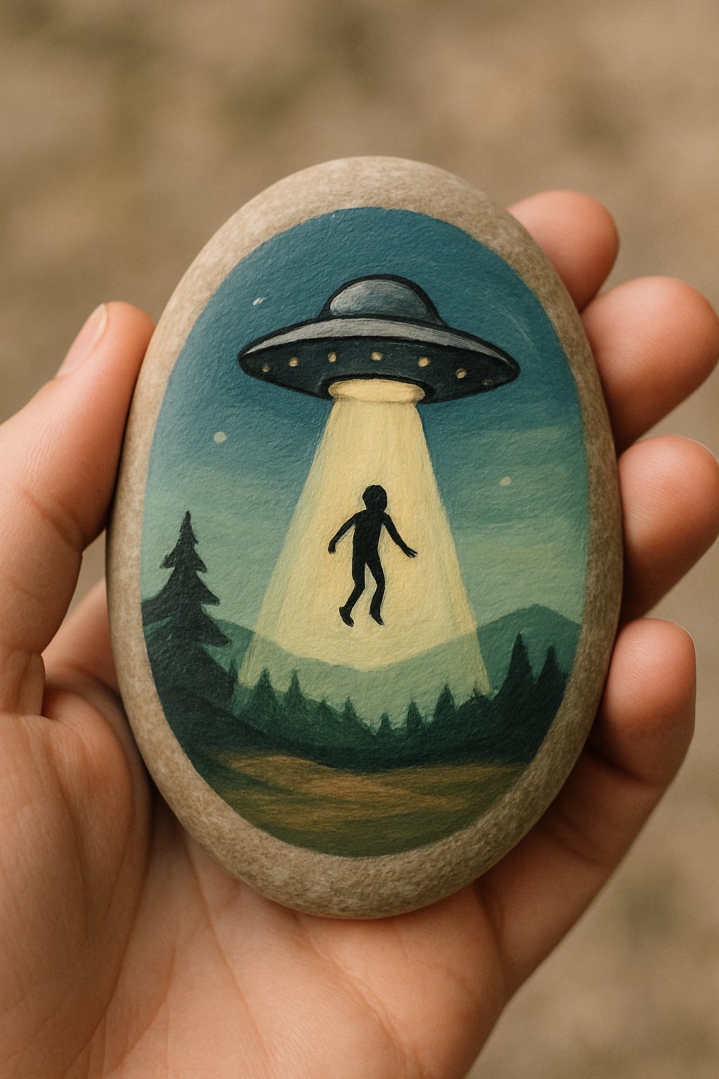 Hand holding a smooth river rock painted with an alien abduction scene including a spaceship and a beam of light.