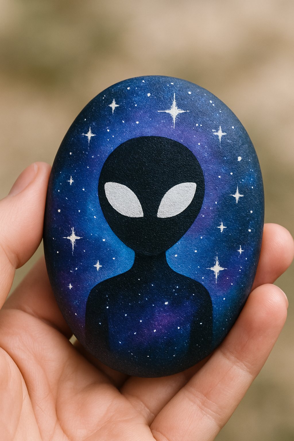 A hand holding a smooth painted rock with a galaxy-themed alien and stars design.