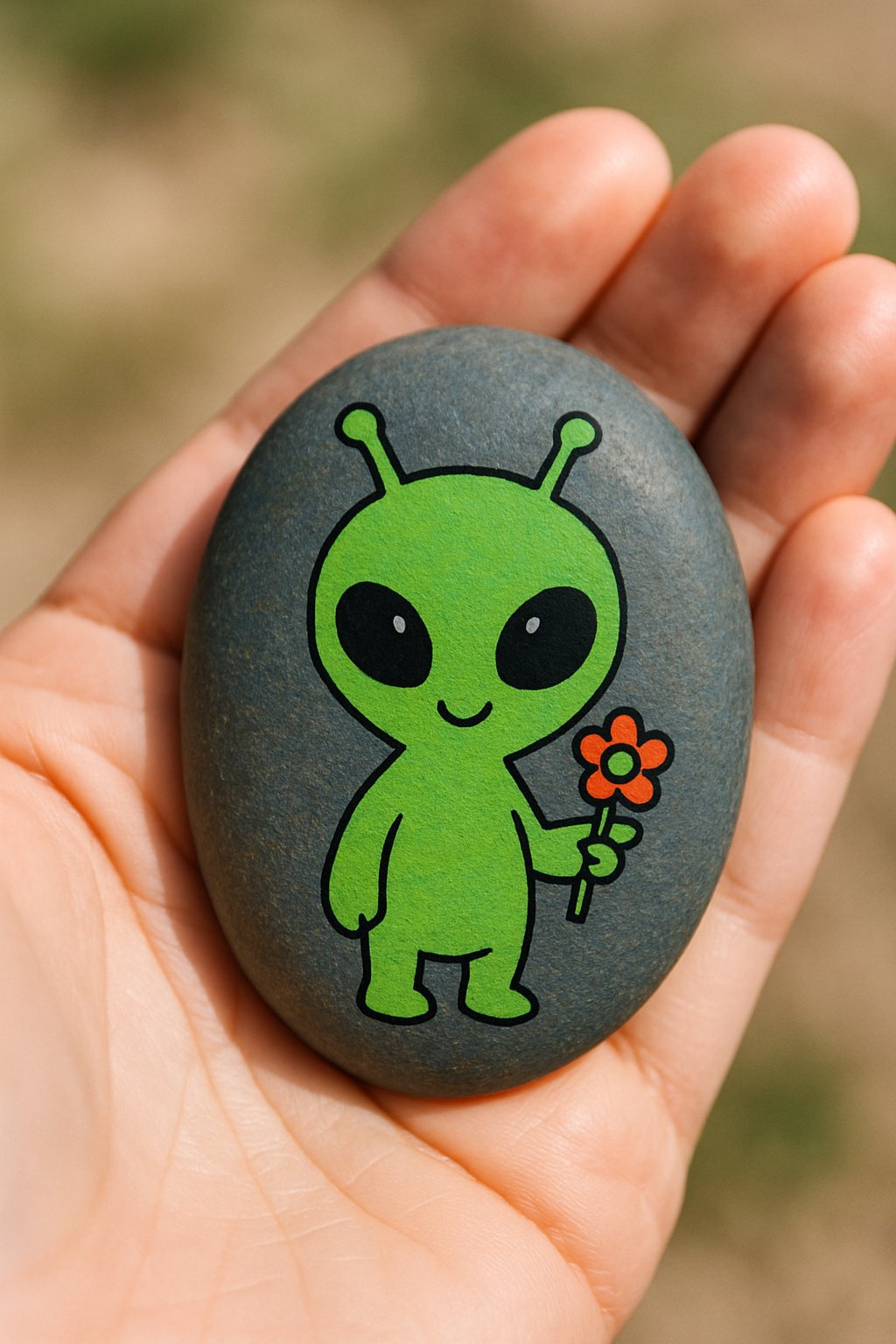 A hand holding a smooth river rock painted with a cute alien holding a flower.