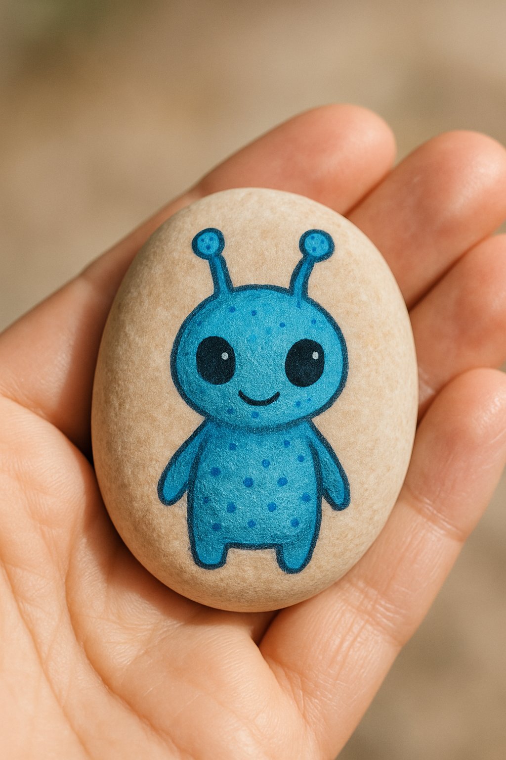 A hand holding a smooth river rock painted with a blue alien featuring antennae and dots.