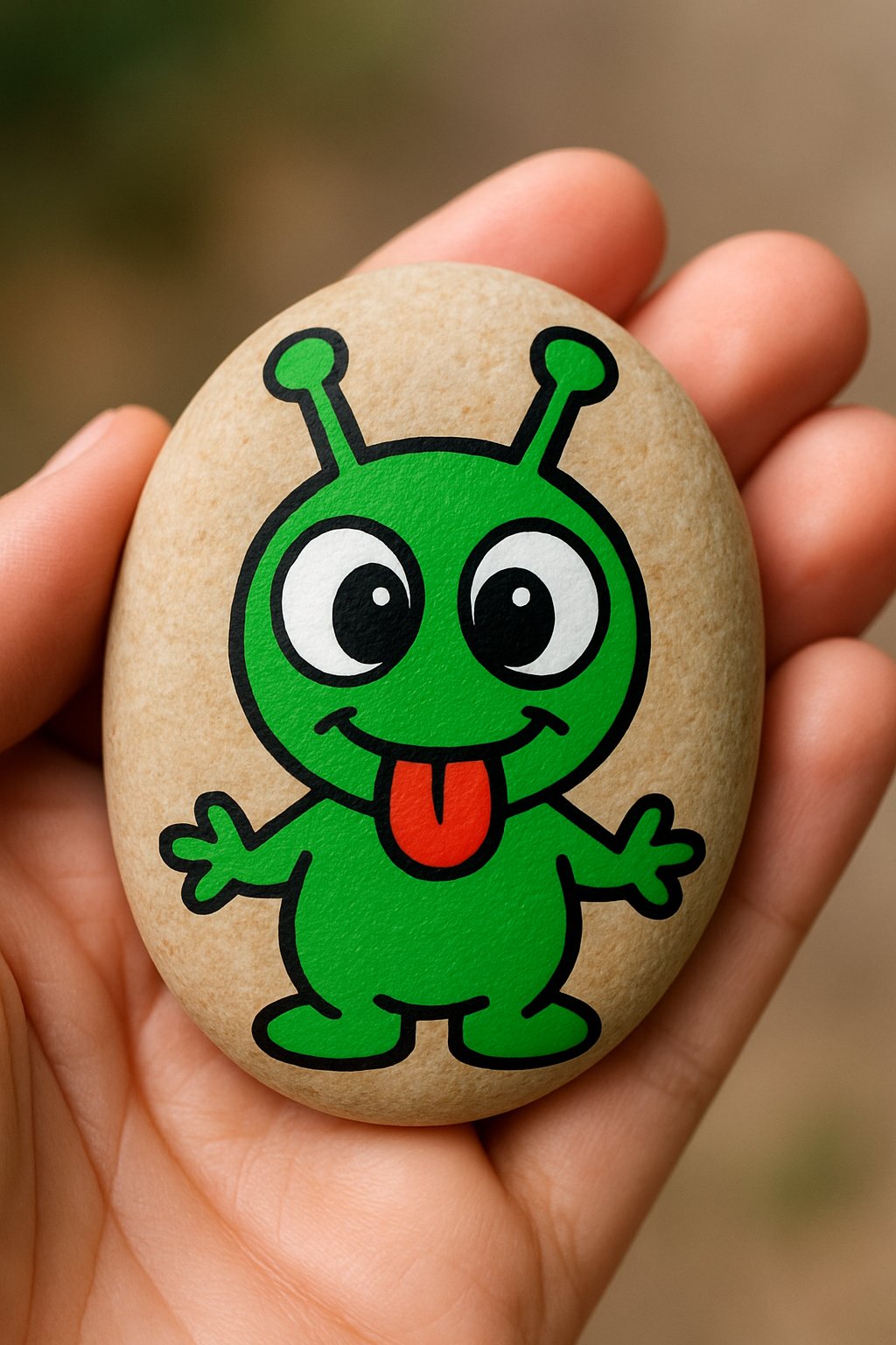 A hand holding a smooth river rock painted with a funny alien sticking its tongue out.