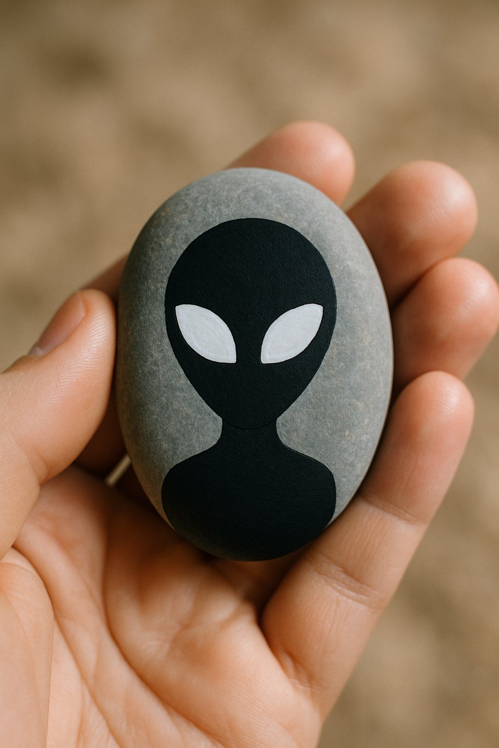 A hand holding a smooth river rock painted with a simple alien silhouette.