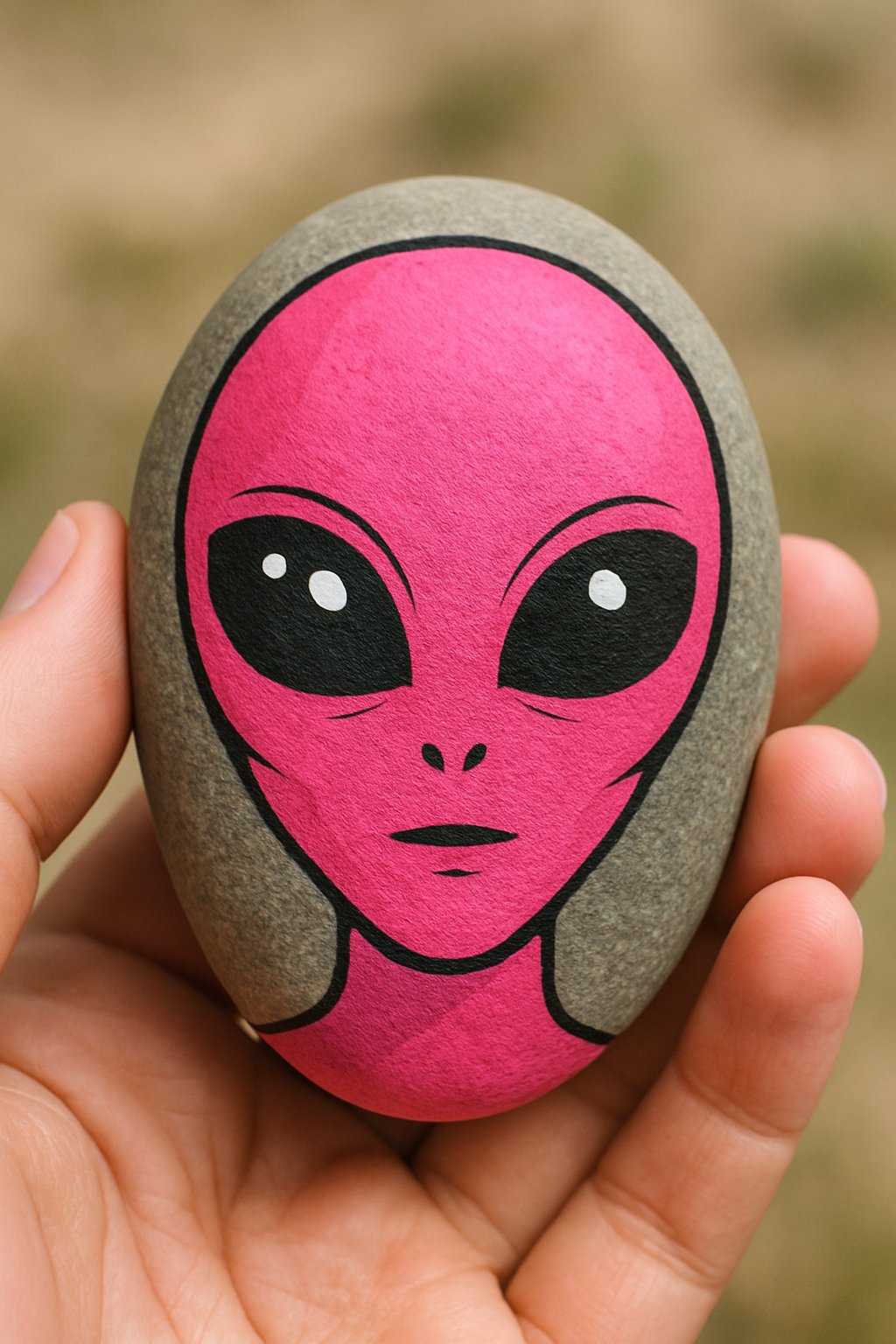 A hand holding a smooth river rock painted with a bright pink alien face.