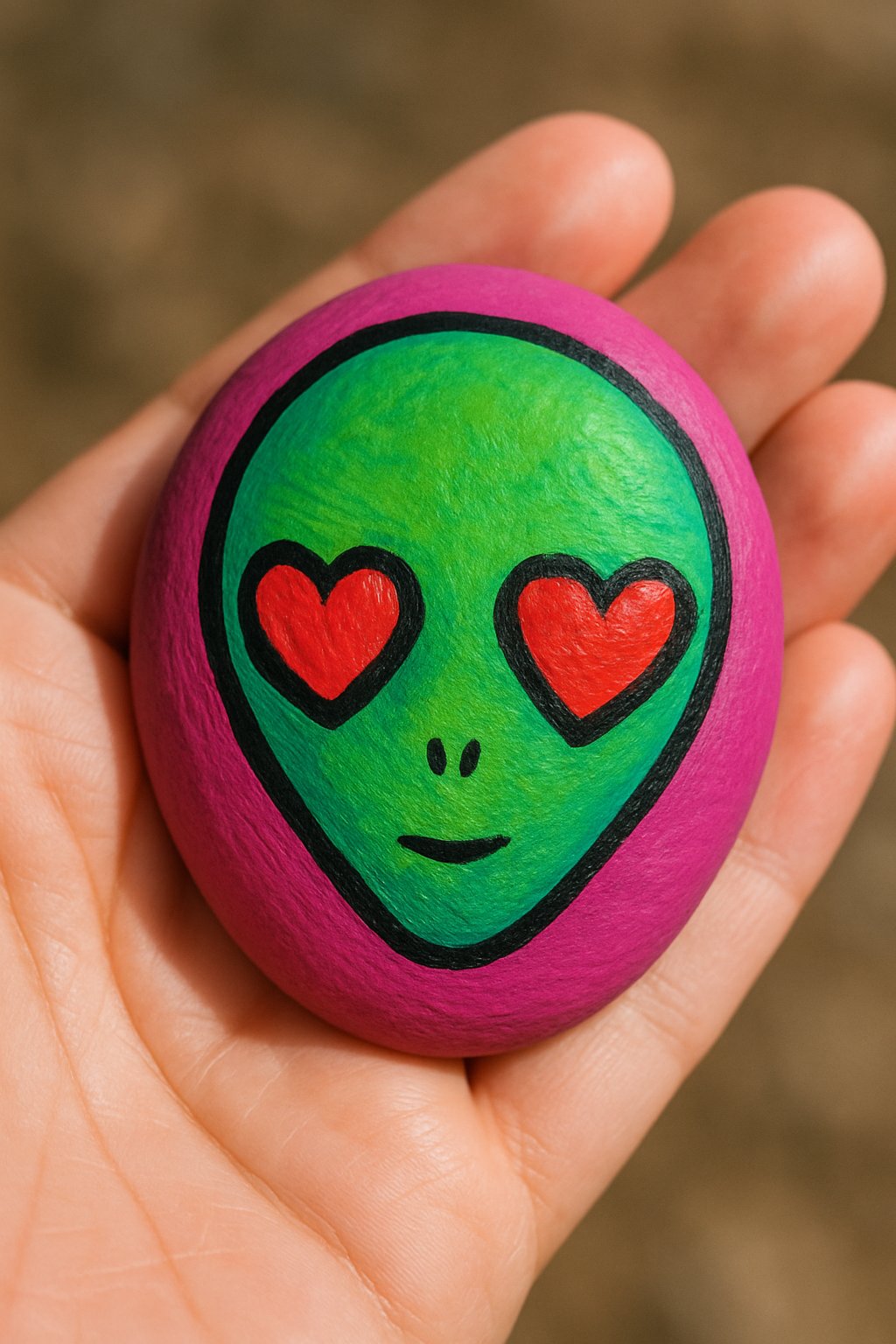 A hand holding a smooth river rock painted with an alien head featuring heart-shaped eyes.