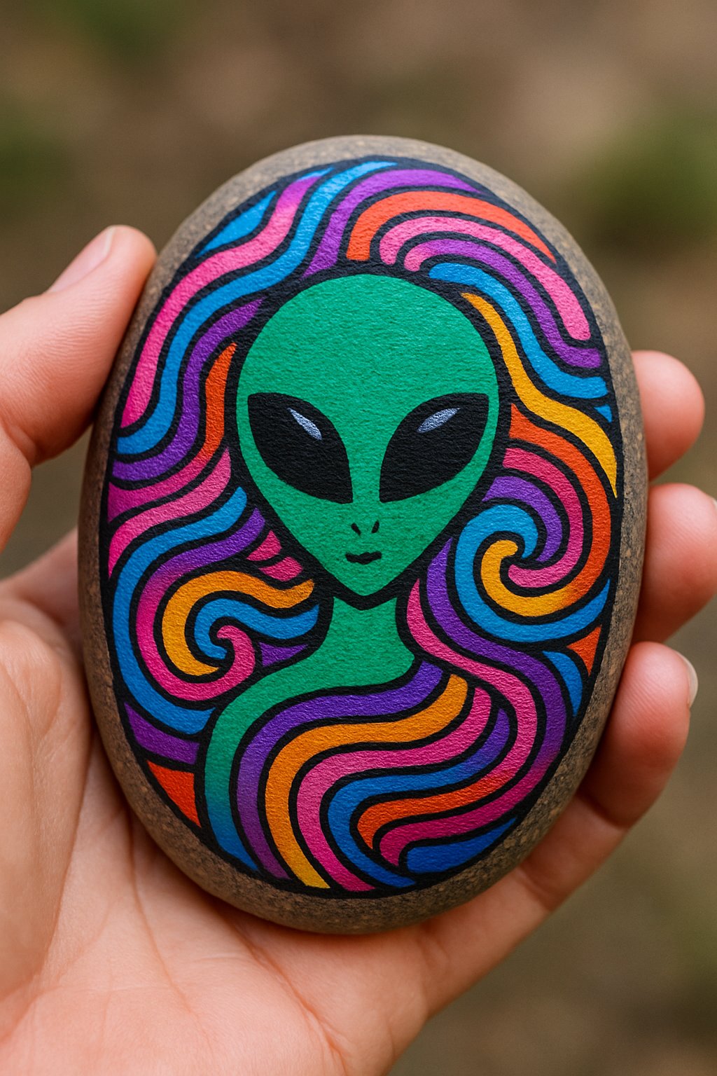 A hand holding a smooth river rock painted with a colorful alien design.