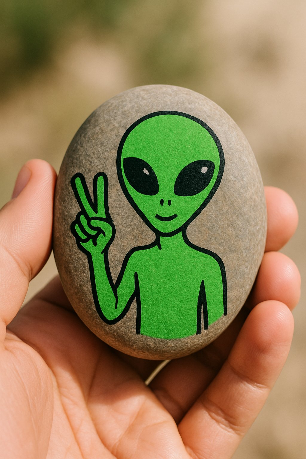 A hand holding a smooth river rock painted with a green alien making a peace sign.