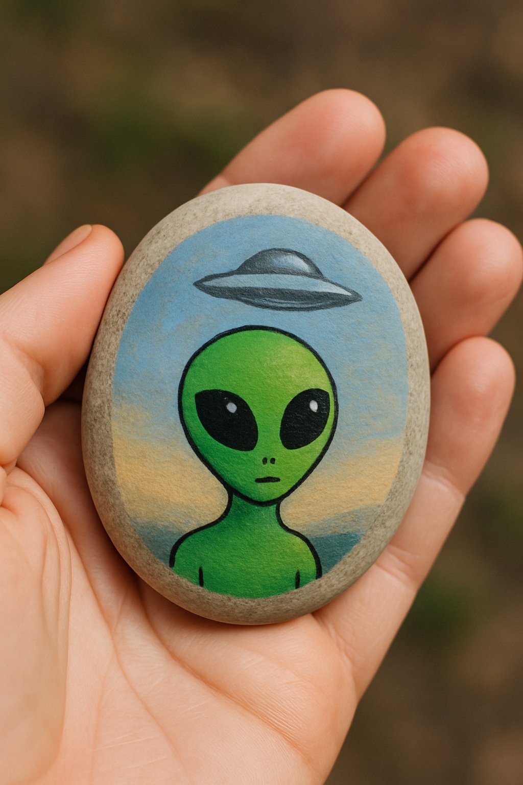 A hand holding a smooth river rock painted with a small green alien and a UFO in the background.