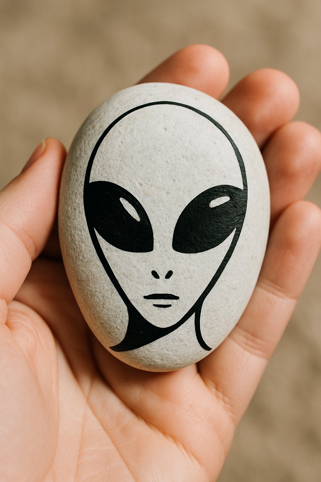 A hand holding a smooth painted river rock with a simple alien face design.